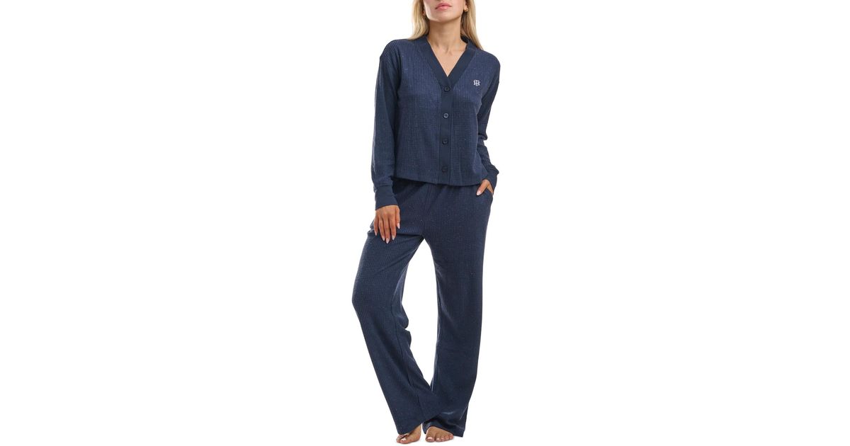 Tommy Hilfiger Speckled Waffle-knit Cardigan Top And Pajama Pants Set in  Blue | Lyst
