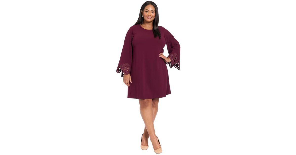 London Times Plus Size Lasercut Long Sleeve Swing Dress in Purple