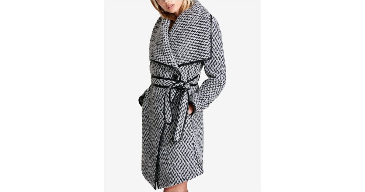 Dkny Multicolor Faux Leather Trim Textured Wrap Coat