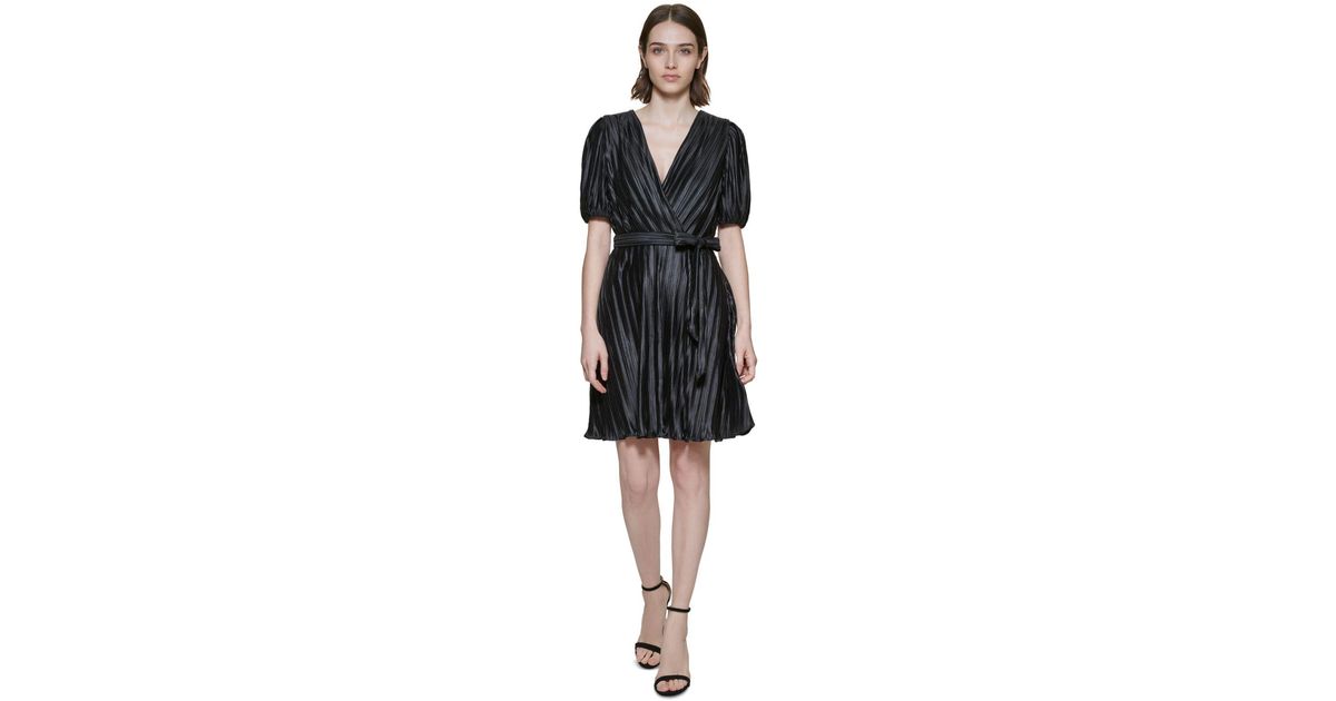 DKNY Pleated Faux-leather Dress in Black | Lyst