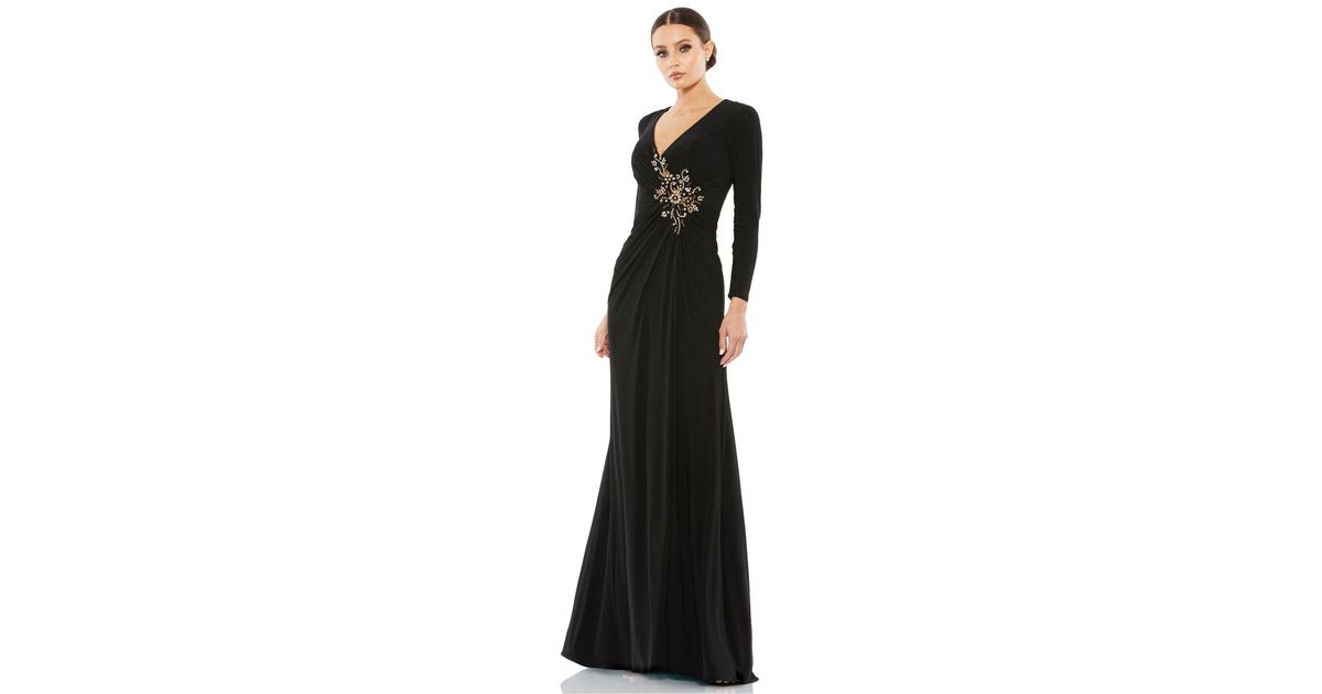 Mac Duggal Faux Wrap Long Sleeve Gown W/ Applique Detail in Black | Lyst
