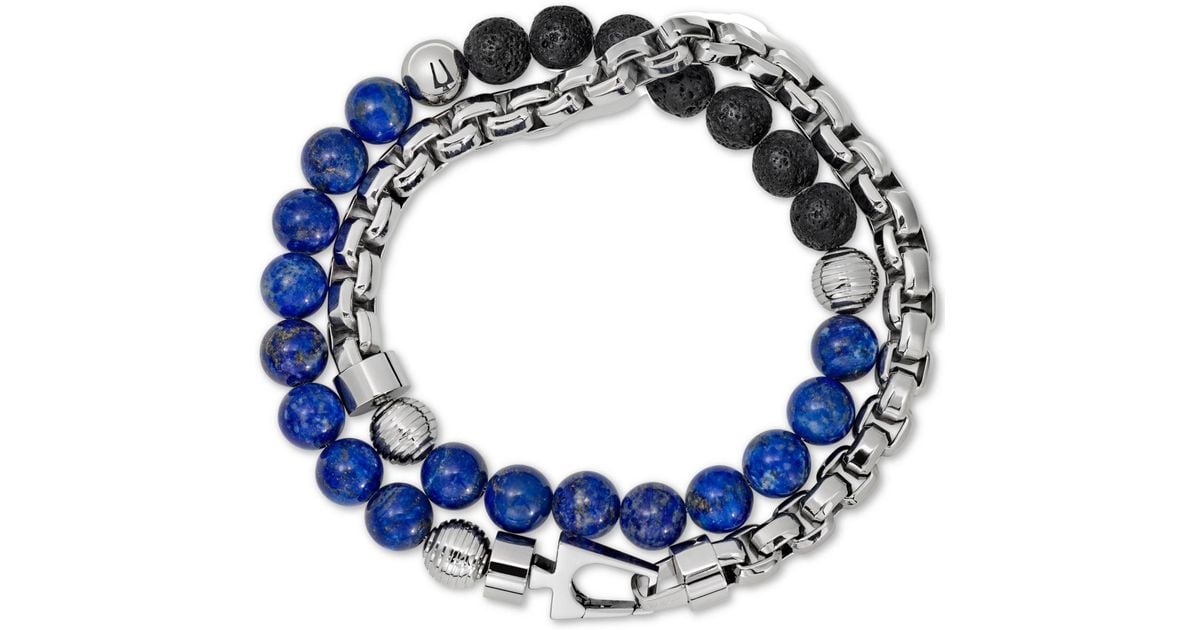 Bulova Tiger's Eye & Black Lava Bead Bracelet In Stainless Steel in