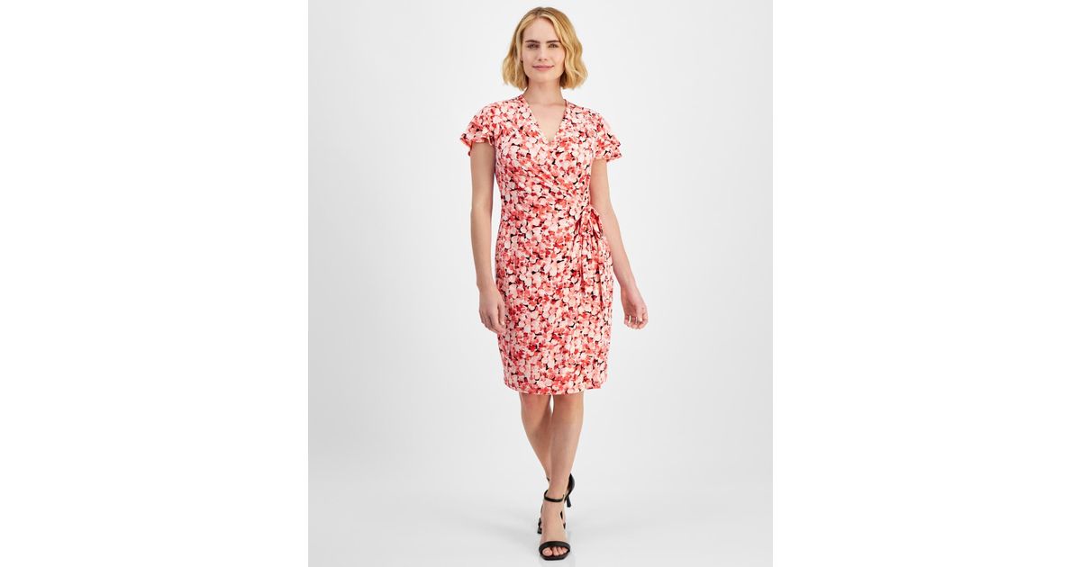Anne Klein Petite Printed Flutter sleeve Faux wrap Dress in Red Lyst