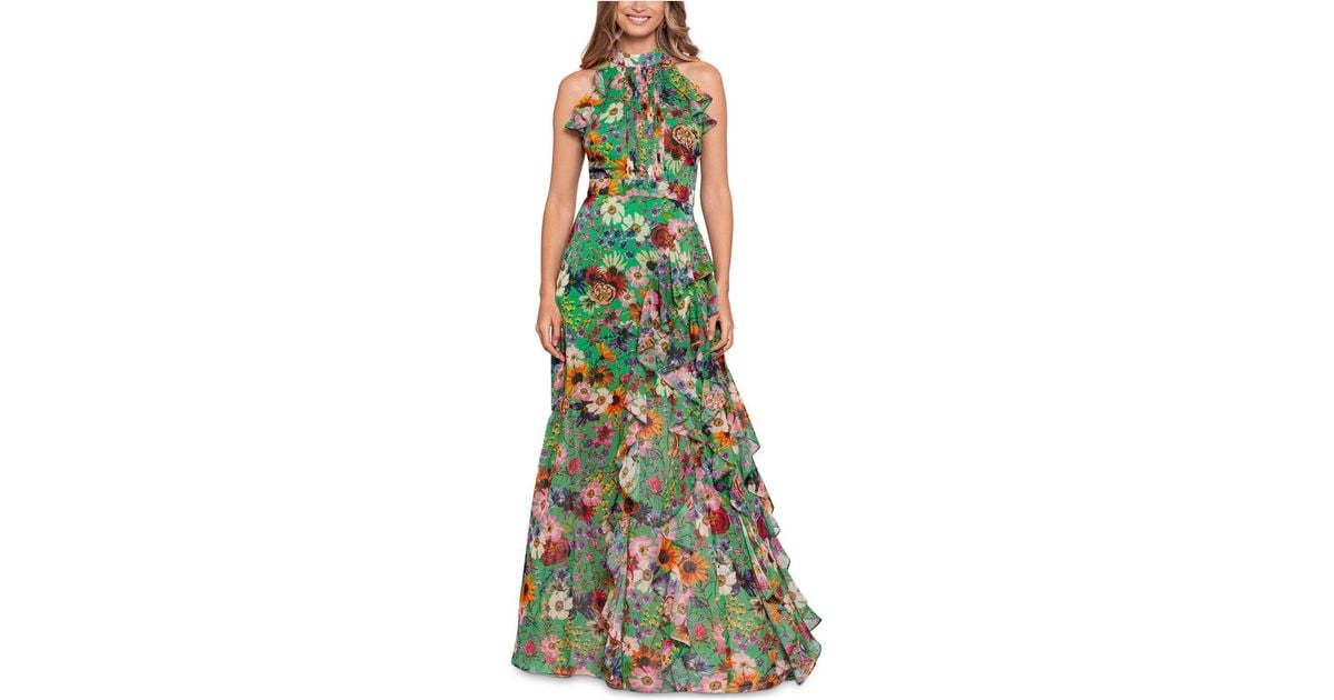 Betsy adam synthetic floral print ruffled halter gown in green lyst