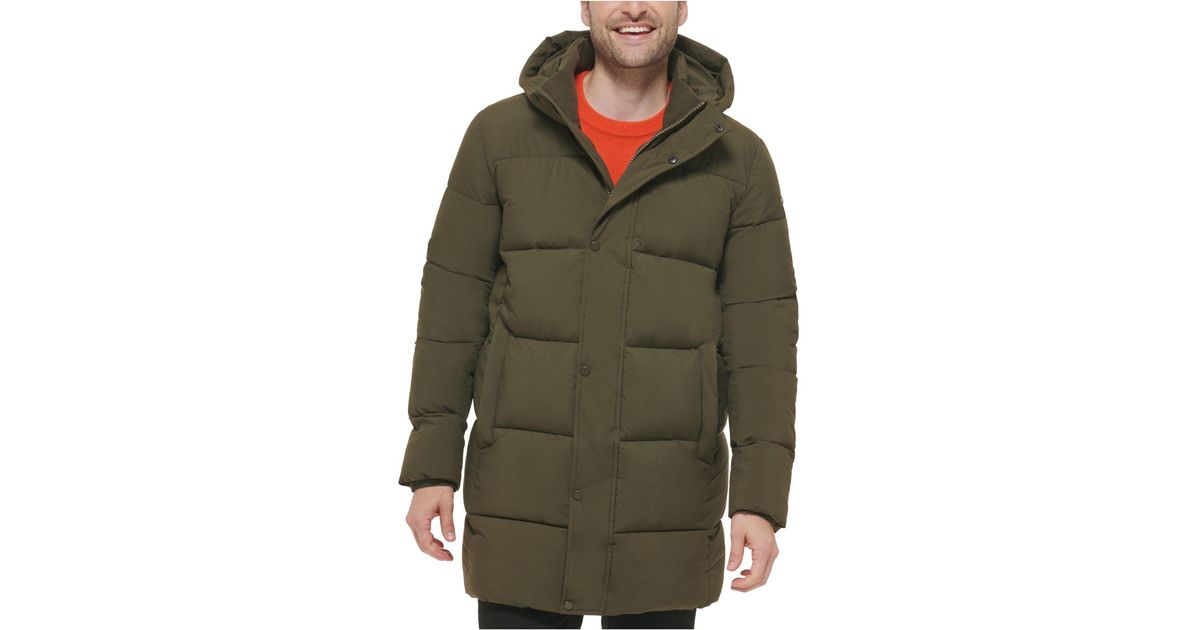 Calvin Klein Synthetic Long Stretch Quilted Puffer Jacket in Olive (Green) for Men | Lyst
