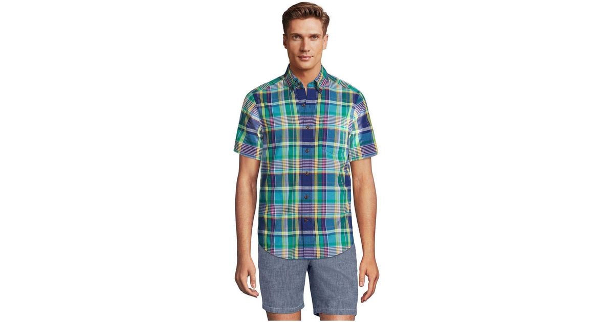 Lands' End Tall Traditional Fit Short Sleeve Madras Shirt in Blue for