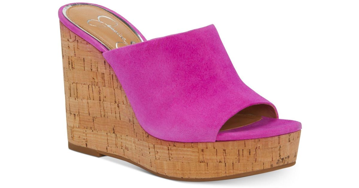Jessica Simpson Denim Shantelle Slide Wedge Sandals in Pink - Lyst