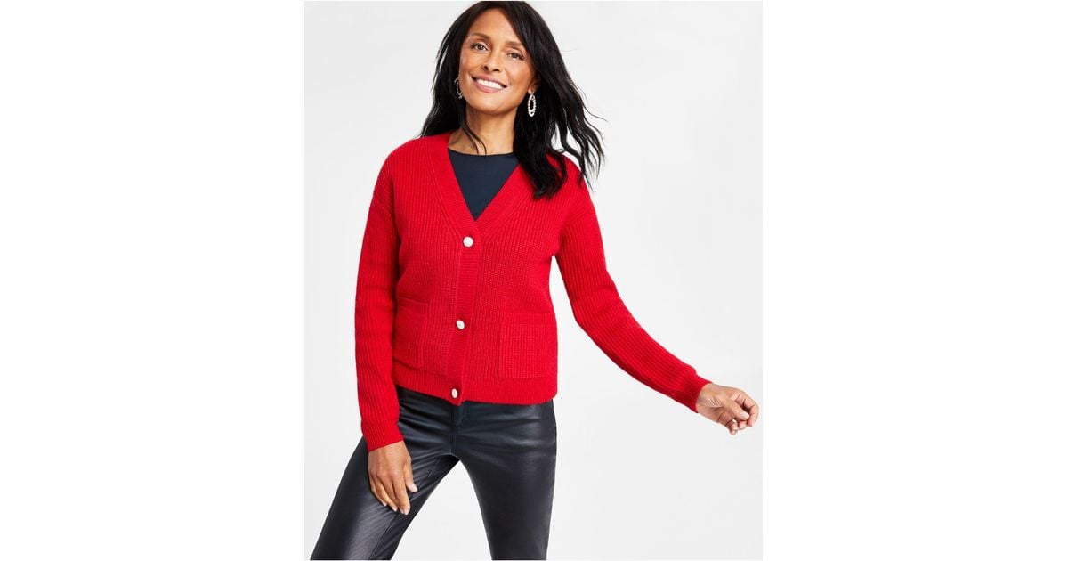Macy's store red cardigan