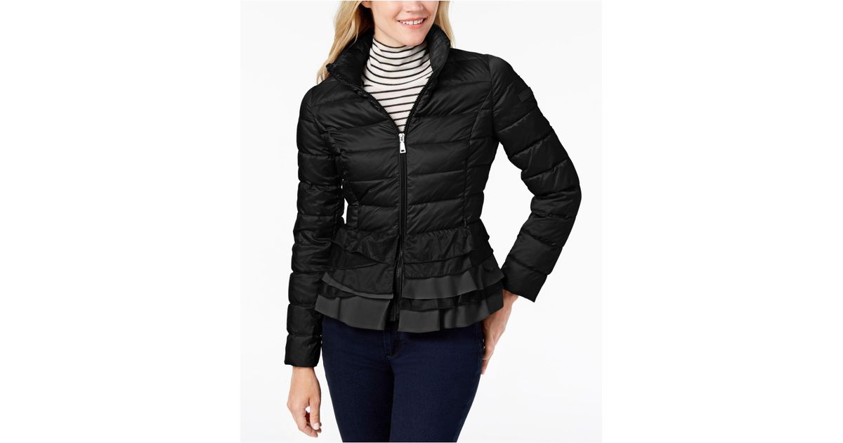 tahari zoey ruffle hem coat