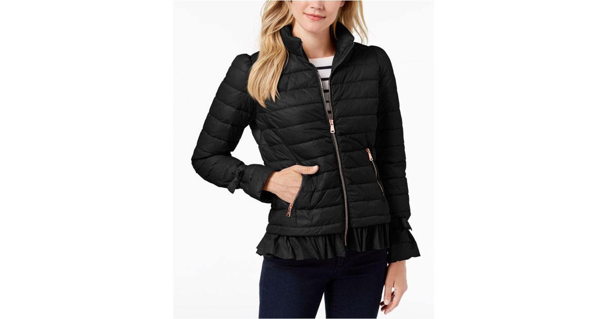 bernardo ruffle puffer coat