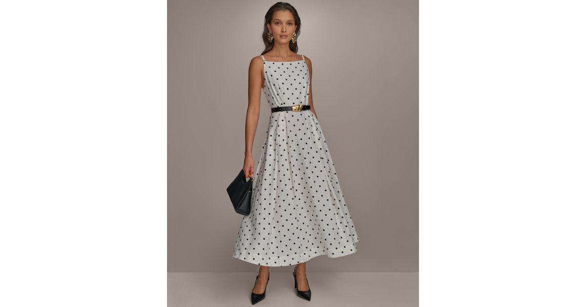 【Donna Karan New York】Linen-Blend Polka-Dot A-Line Dress Donna Karan Linen-blend Polka-dot A-line Dress in Brown | Lyst