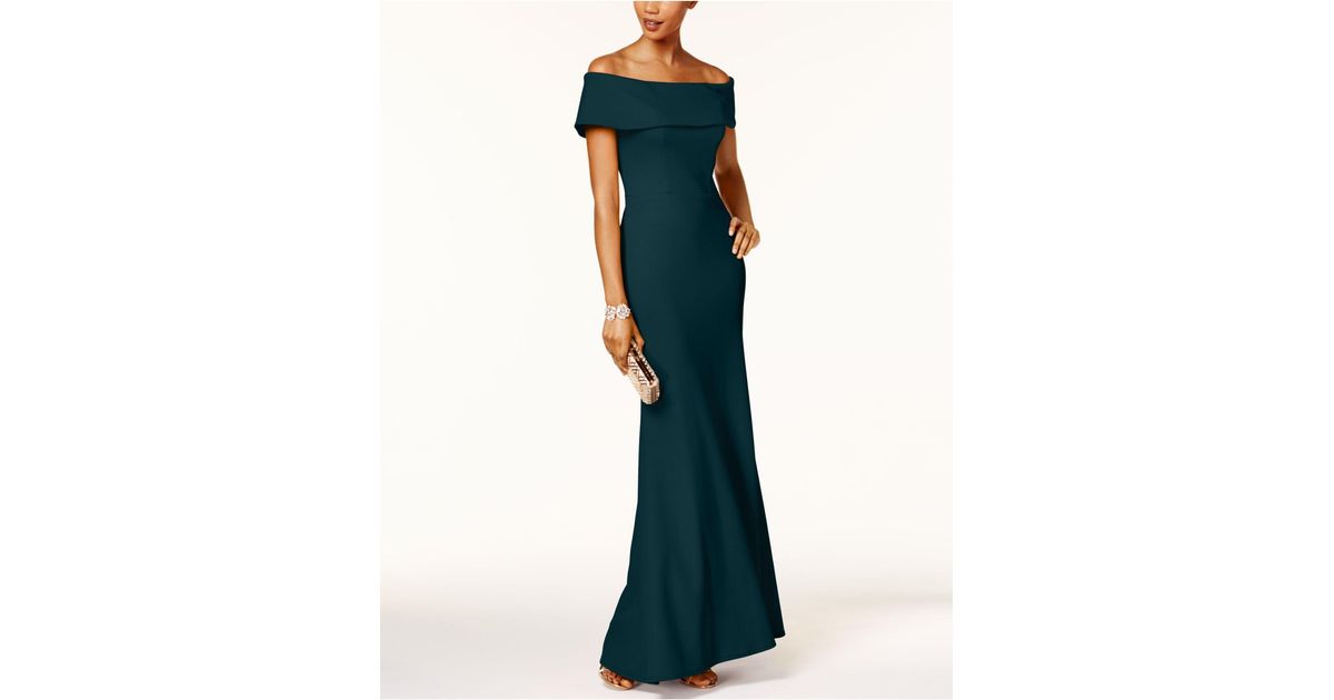 betsy and adam ruffled back off the shoulder gown