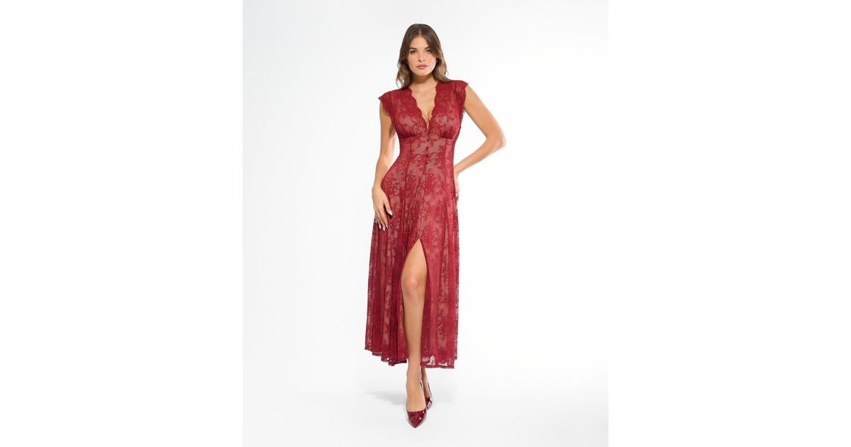 Popilush Shapewear Boho Floral Lace Front Slit Maxi Dress in Red | Lyst