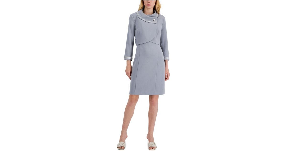 Tahari Synthetic Beaded Dress Suit in Grey (Gray) | Lyst