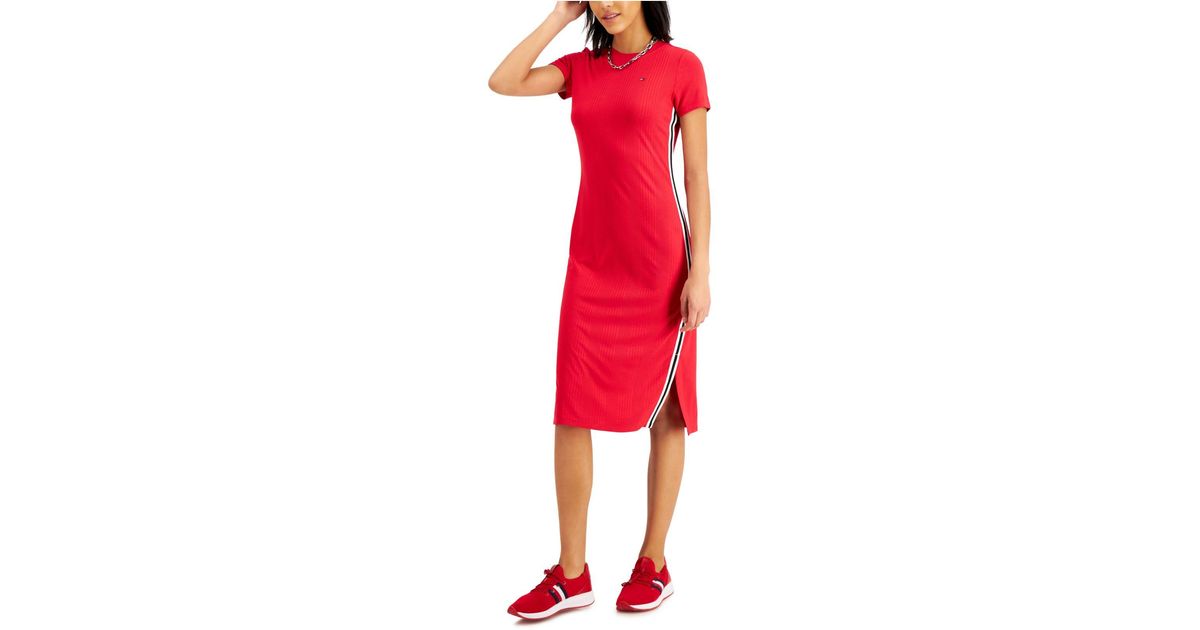Tommy Hilfiger Ribbed Midi Dress | Red in Lyst