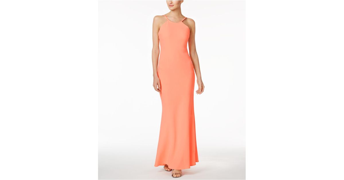 Calvin Klein Synthetic Open-back Halter Gown in Peach (Orange) | Lyst