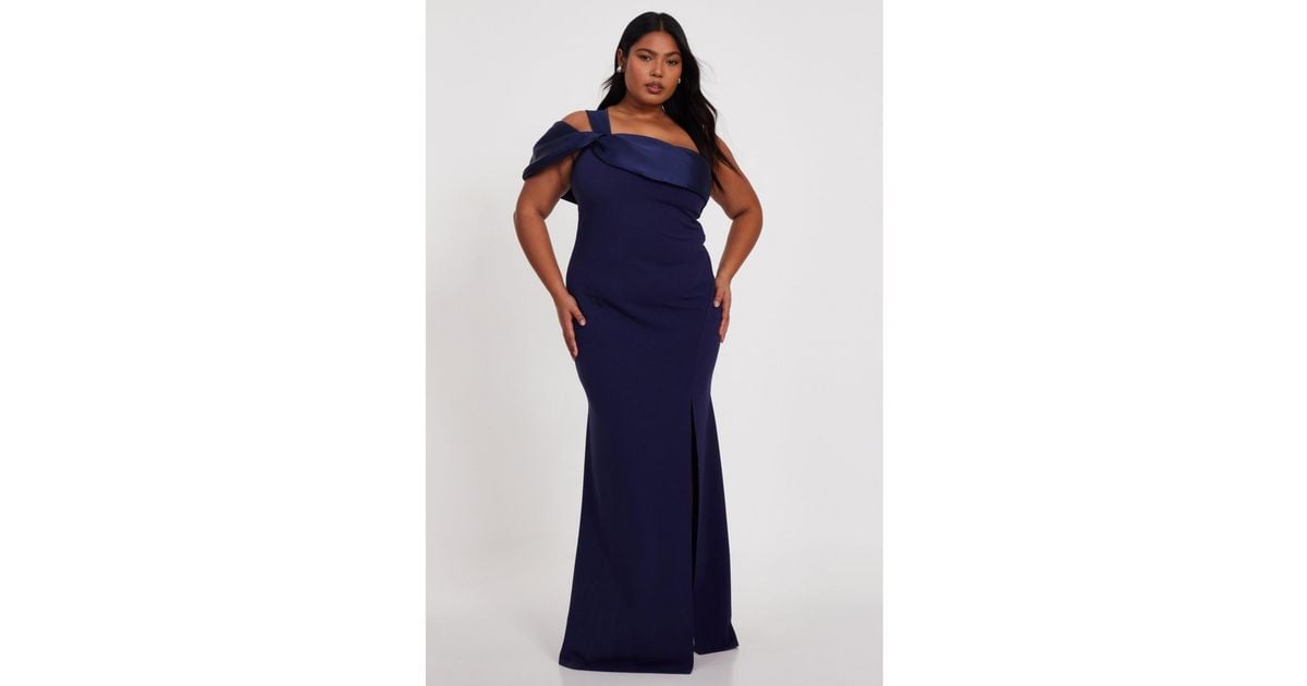 One Shoulder Stretch Satin Floor-Length Dress Ink Blue Plus Size