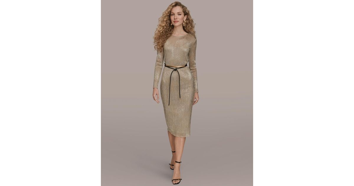 navy blue dress for baby girl Donna Karan Foil Mesh Belted Midi Dress in Brown