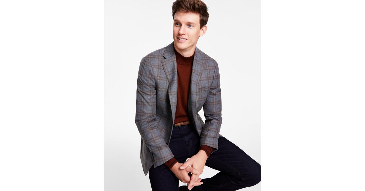 tommy hilfiger men's modern fit burgundy brown check blazer