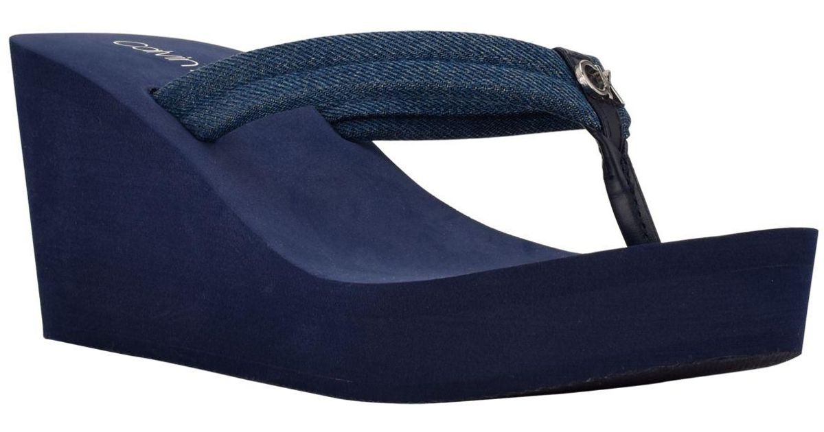 Calvin Klein Robyn Slip-on Logo Wedge Flip Flop Sandals in Blue, Navy (Blue) - Lyst