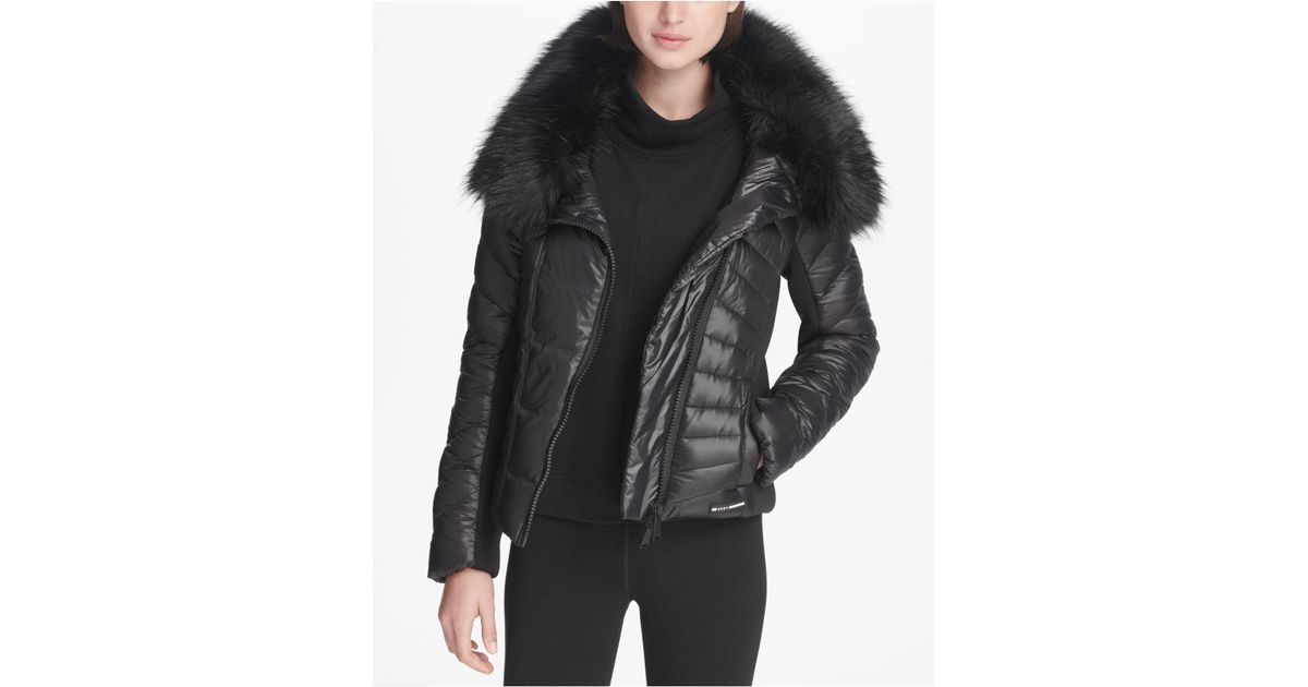 Dkny Black Sport Faux Fur Collar Short Puffer Jacket Created For Macy S