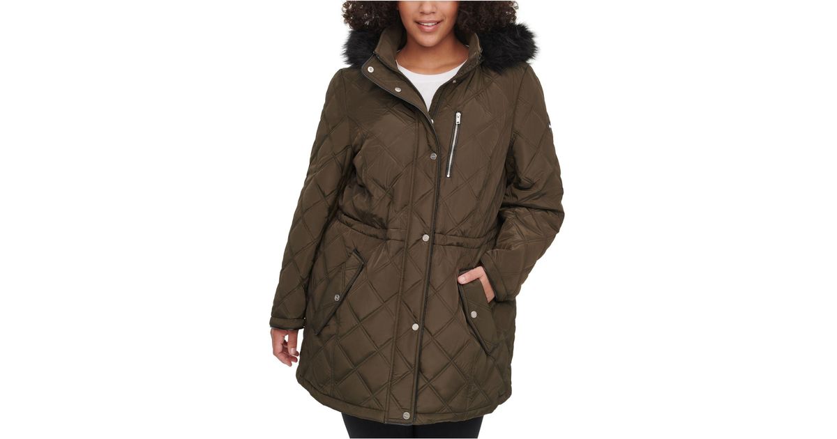 copper key quilted faux fur hooded anorak coat