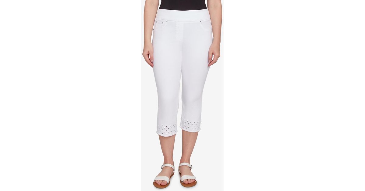 Ruby Rd. Petite Embroidered Hem Soft Stretch Denim Capri Jeans in White ...