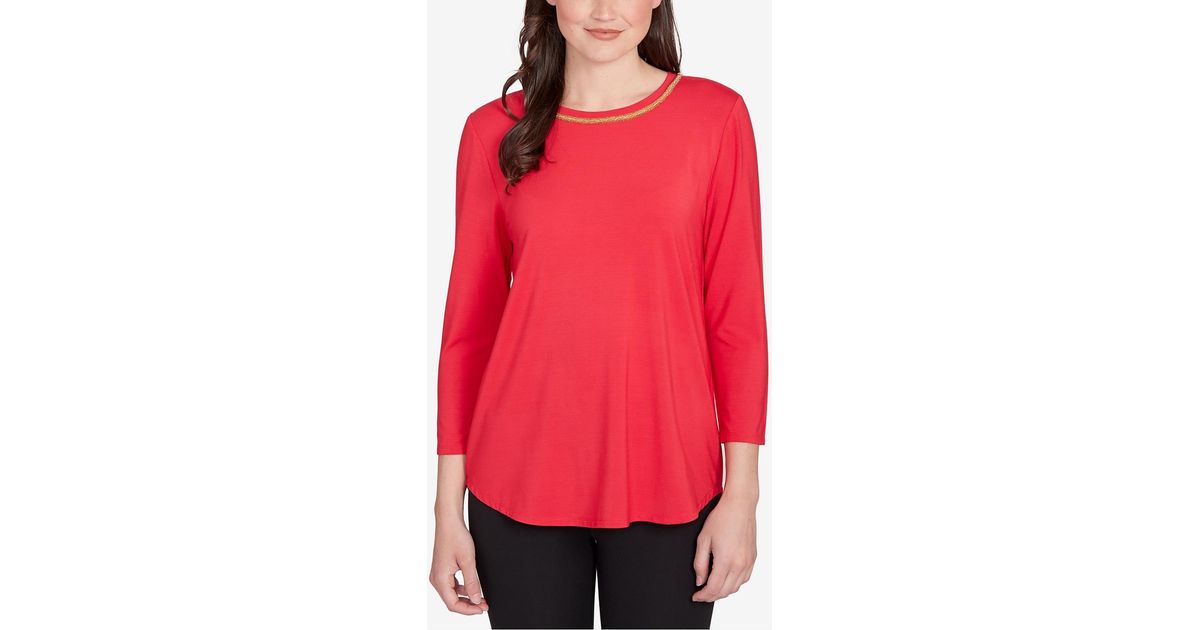 Ruby Rd Paris Ruby Rd. Petite Embellished Scoop Neck Solid Knit Top in Red | Lyst