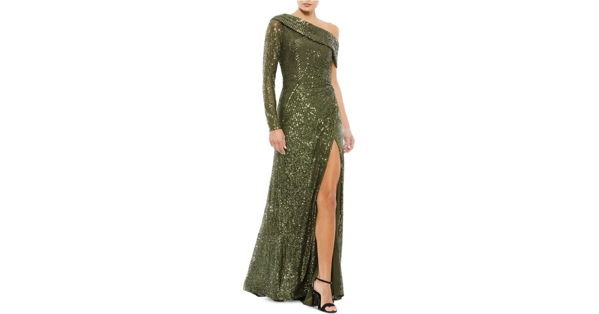 Mac Duggal Synthetic Asymmetric Sequin Wrap Gown in Olive (Green) - Lyst