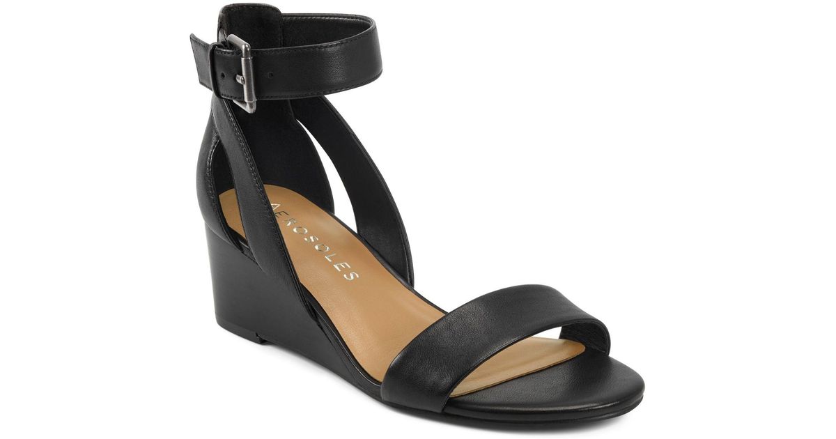 Aerosoles Leather Willowbrook Wedge Sandals in Black Leather (Black) - Lyst