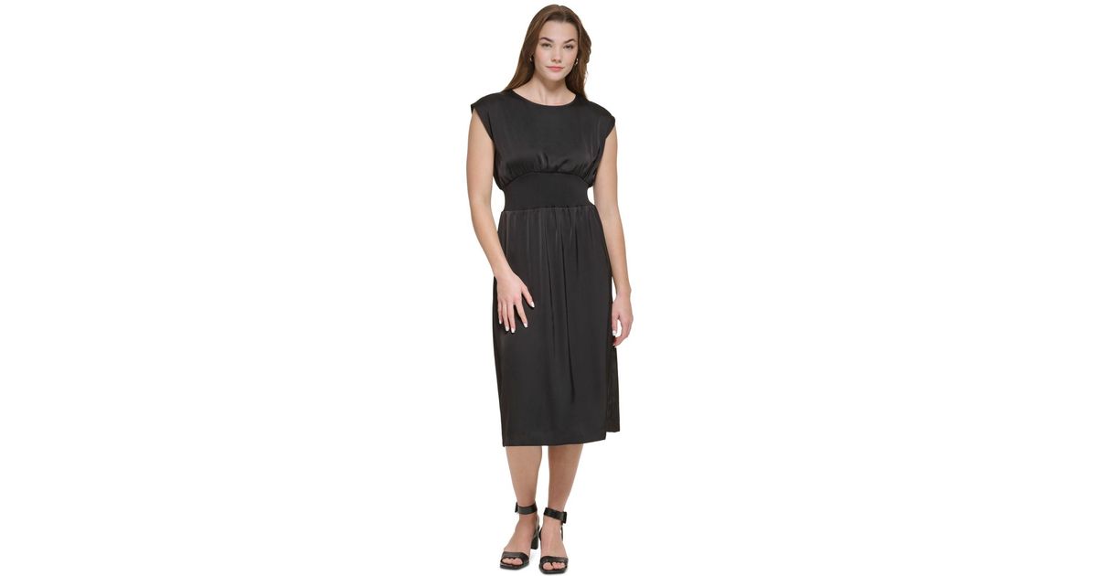 Calvin Klein Cinch Waist Sleeveless Satin Midi Dress in Black Lyst