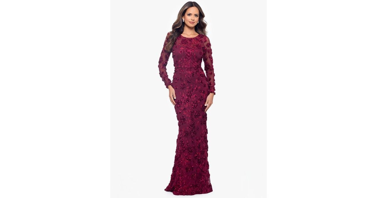 Xscape Long Sleeve Rose Flower Dress in Red | Lyst