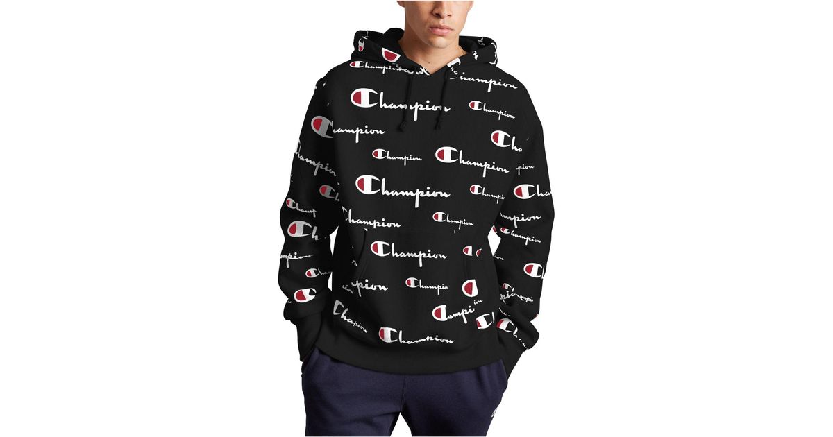 Champion All Over Logo Mens Hoodie in Black for Men | Lyst