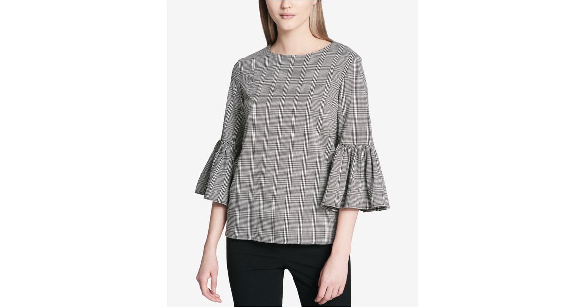 Calvin Klein Synthetic Plaid Bell-sleeve Blouse in Gray - Save 50% - Lyst