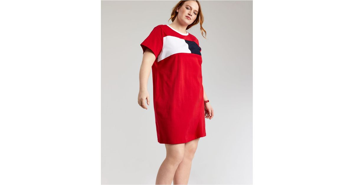 Tommy Hilfiger Cotton Plus Size Colorblocked Tshirt Dress in Scarlet