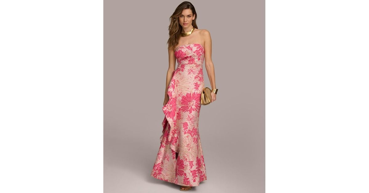 Donna Karan Floral-jacquard Ruffled Strapless Gown in Pink