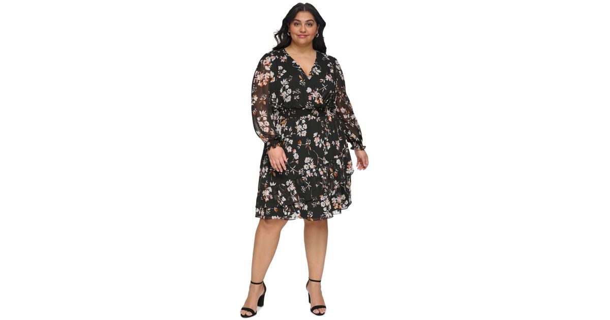 DKNY Plus Size Floralprint Ruffled Fit & Flare Dress in Black Lyst