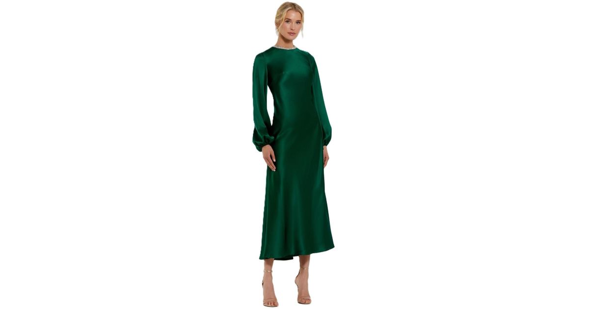 Mac Duggal High Neck Long Sleeve Crystal Detail Dress in Green | Lyst