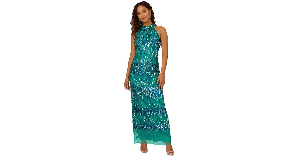 Adrianna Papell Embellished Mock Neck T back Gown in Green Lyst