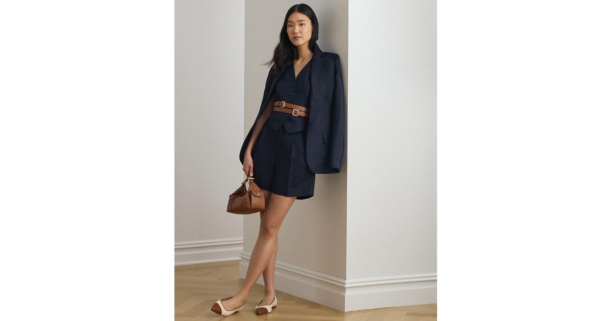 Ralph Lauren Petite Terrish Pleated Mid Rise Shorts in Blue | Lyst