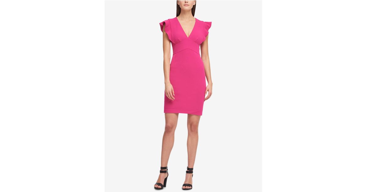 V-neck Ruffle Cap Sleeve Sheath Dress 