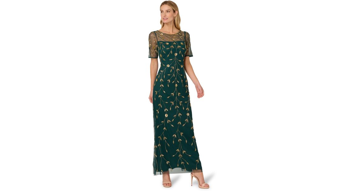 adrianna papell green and gold dress Dark Green Foil Leaf Short Sleeve Gown With Draped Details main image 0