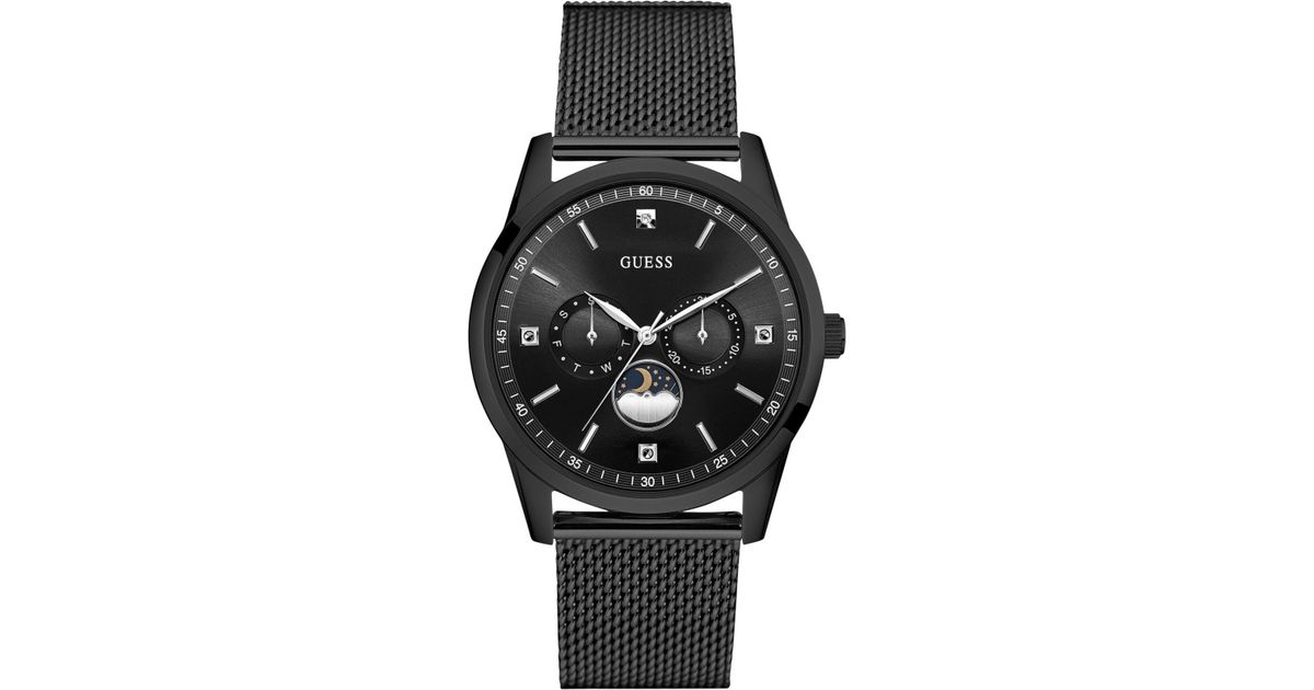 Guess Men's Traditional Moonphase Black Stainless Steel Mesh 