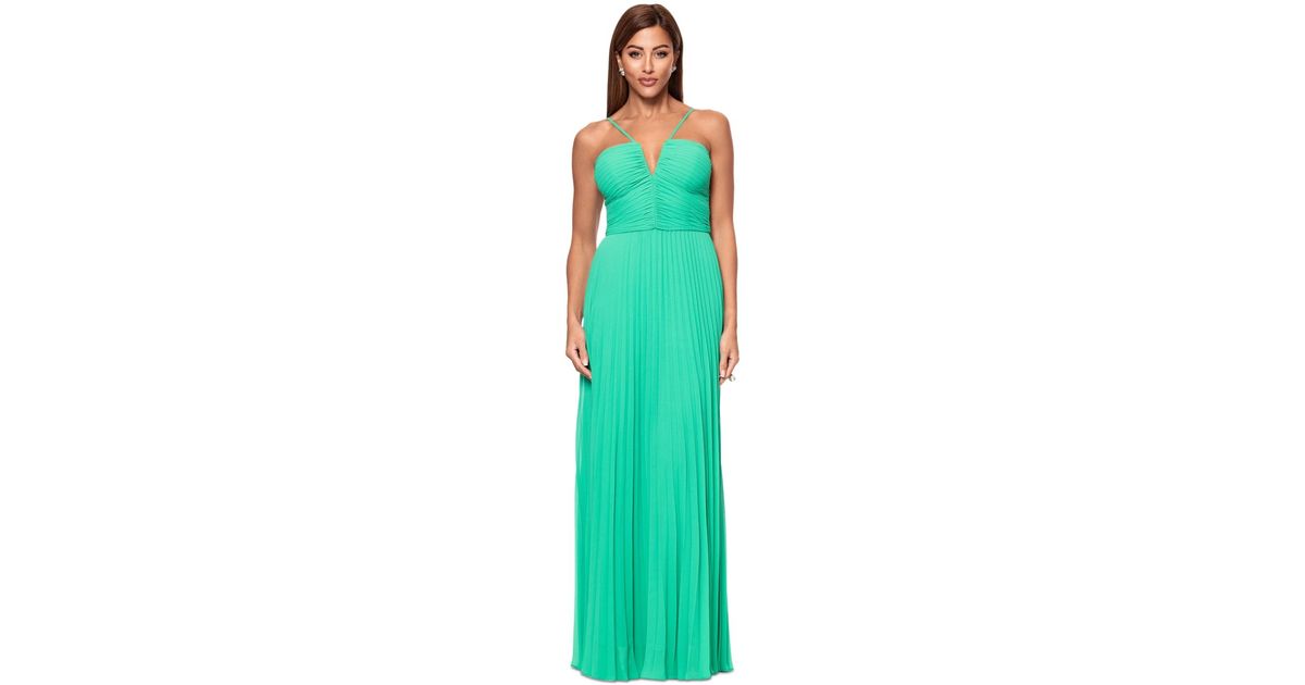 Pleated V-Neck Beaded Maxi Gown With Cap Sleeves Green main image 1