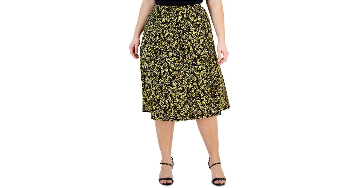 Kasper Plus Size Leaf-print Pull-on Midi Skirt in Green | Lyst