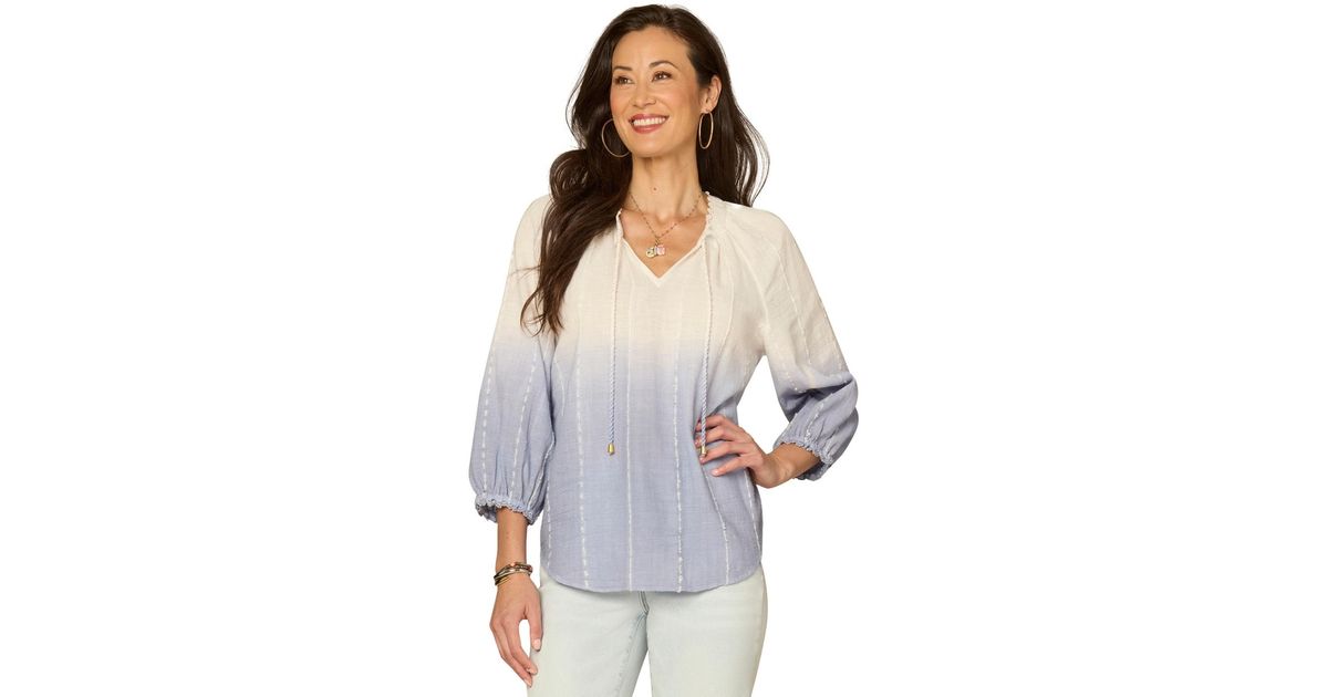 Round Split Neck Democracy Petite Split Neck Woven Top in White | Lyst
