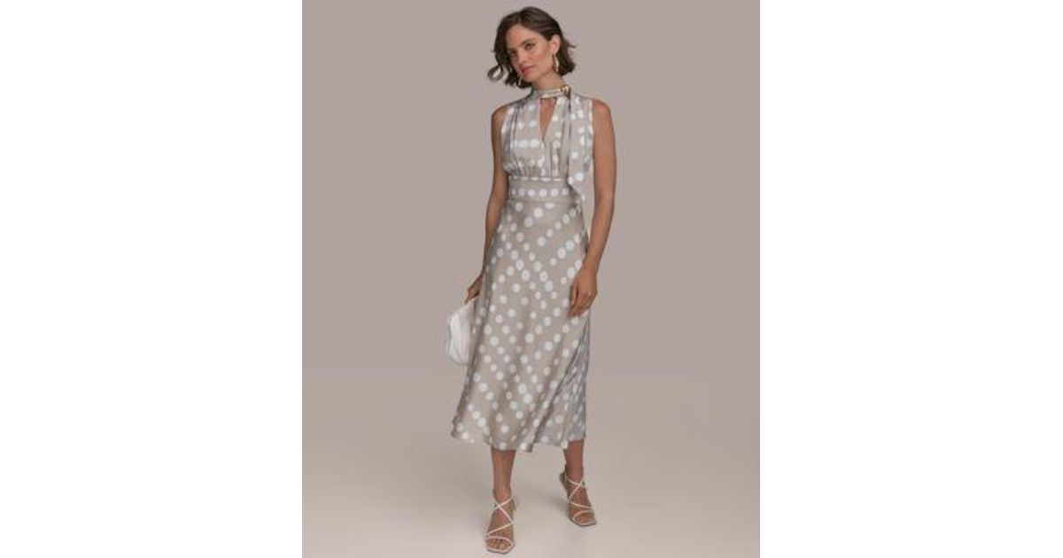 Donna Karan Dot Print Tie Neck A Line Dress in Brown | Lyst