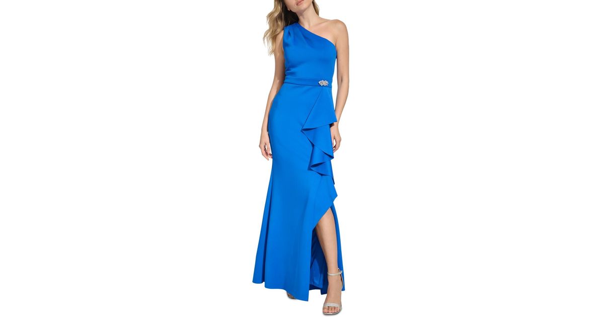 Jessica Howard One shoulder Drape back Ruffle Gown in Blue Lyst