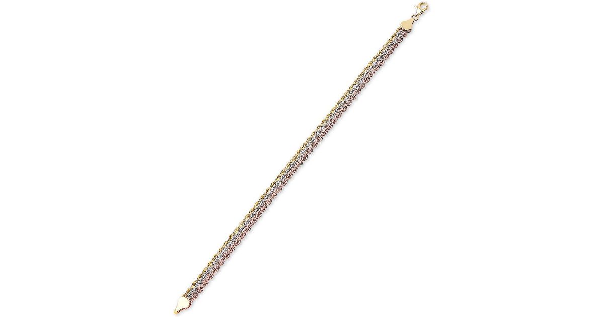 Macy S Metallic Tricolor Triple Strand Rope Bracelet In 10k Gold White And Rose Macy S Metallic Tricolor Triple Strand Rope Bracelet In 10k Gold White And Rose