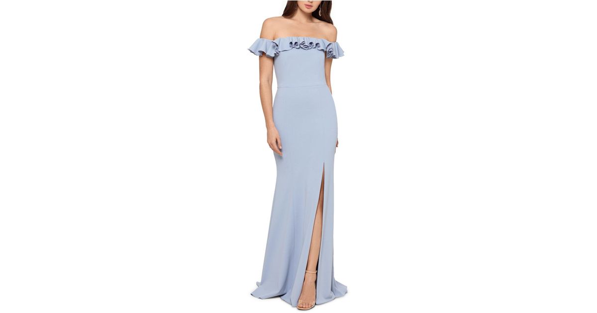 xscape ruffle off the shoulder gown